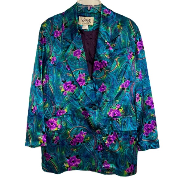 Tres-Beau International Jackets & Blazers - Vintage Womens Blazer Jacket Size M Single Breasted Floral Satin 80's 90's